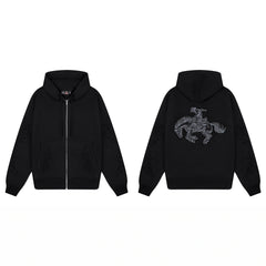 Derschutze Cowboy & Horse Embroidery Zip-Up Hoodie - Black