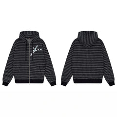 Derschutze Grid Pattern Print Zip-Up Hoodie - Black