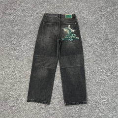 Derschutze Vintage Black Pleated Knee Embroidery Jeans
