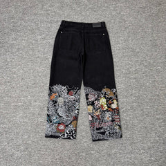 Derschutze Hem Graphic Embroidery Straight Jeans - Black