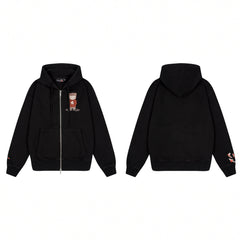 Derschutze Anime Character Embroidery Zip-Up Hoodie - Black