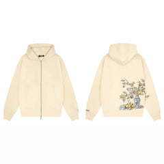 Derschutze Still Life Floral Vase Embroidery Zip-Up Hoodie - Cream