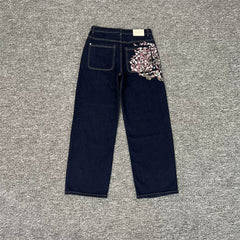 Derschutze Cherry Blossom Embroidery Straight Jeans - Dark Blue
