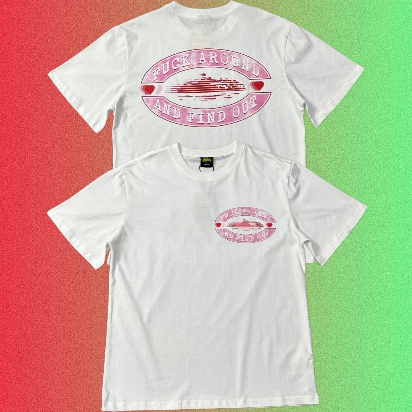 Corteiz "Fuck Around And Find Out" Pink Oval Ship Logo Graphic Black T-Shirt (Front & Back Print)