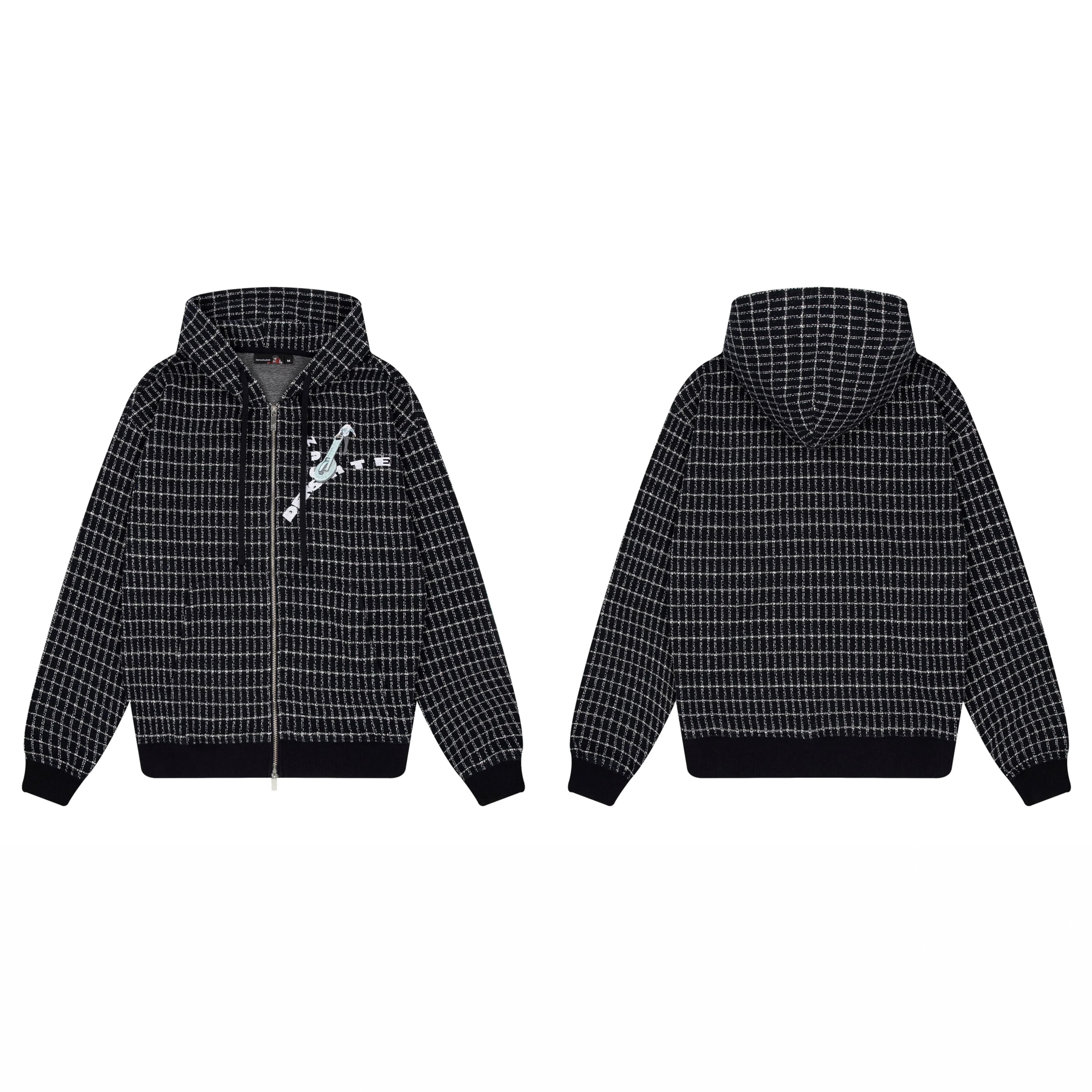 Derschutze Grid Pattern Print Zip-Up Hoodie - Black
