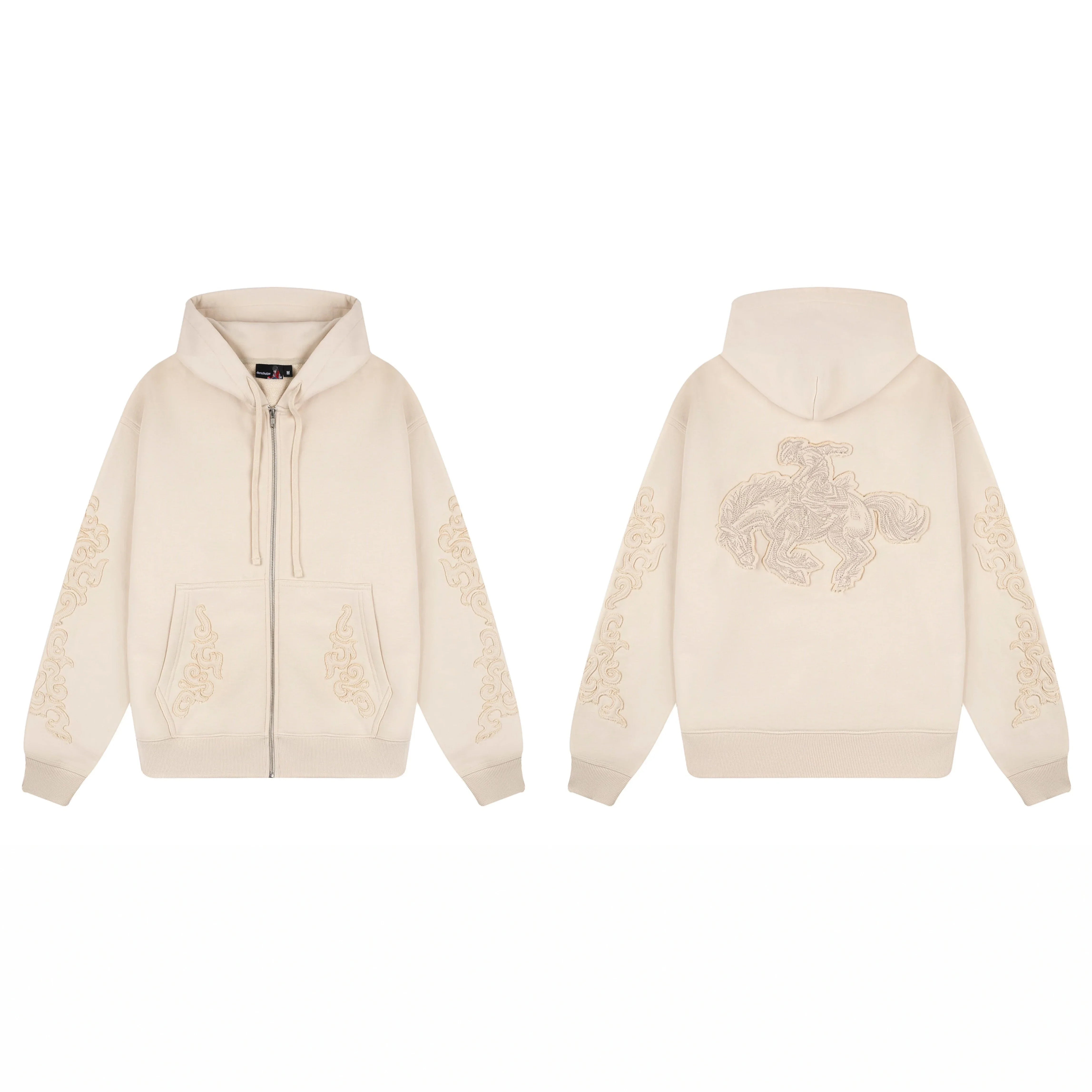 Derschutze Ornate Vine & Floral Embroidery Zip-Up Hoodie - Cream