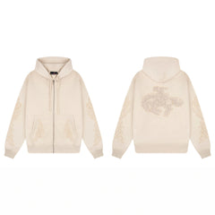 Derschutze Ornate Vine & Floral Embroidery Zip-Up Hoodie - Cream