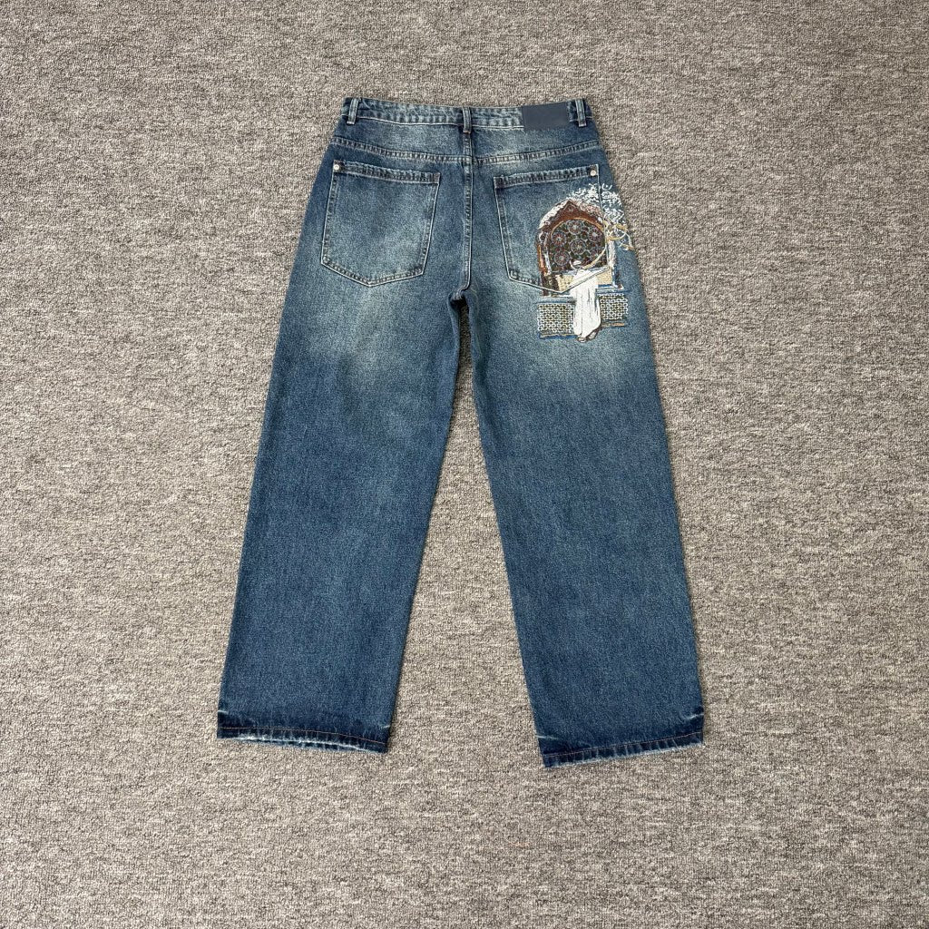 Derschutze Vintage Wash Gothic Window Embroidery Jeans - Blue