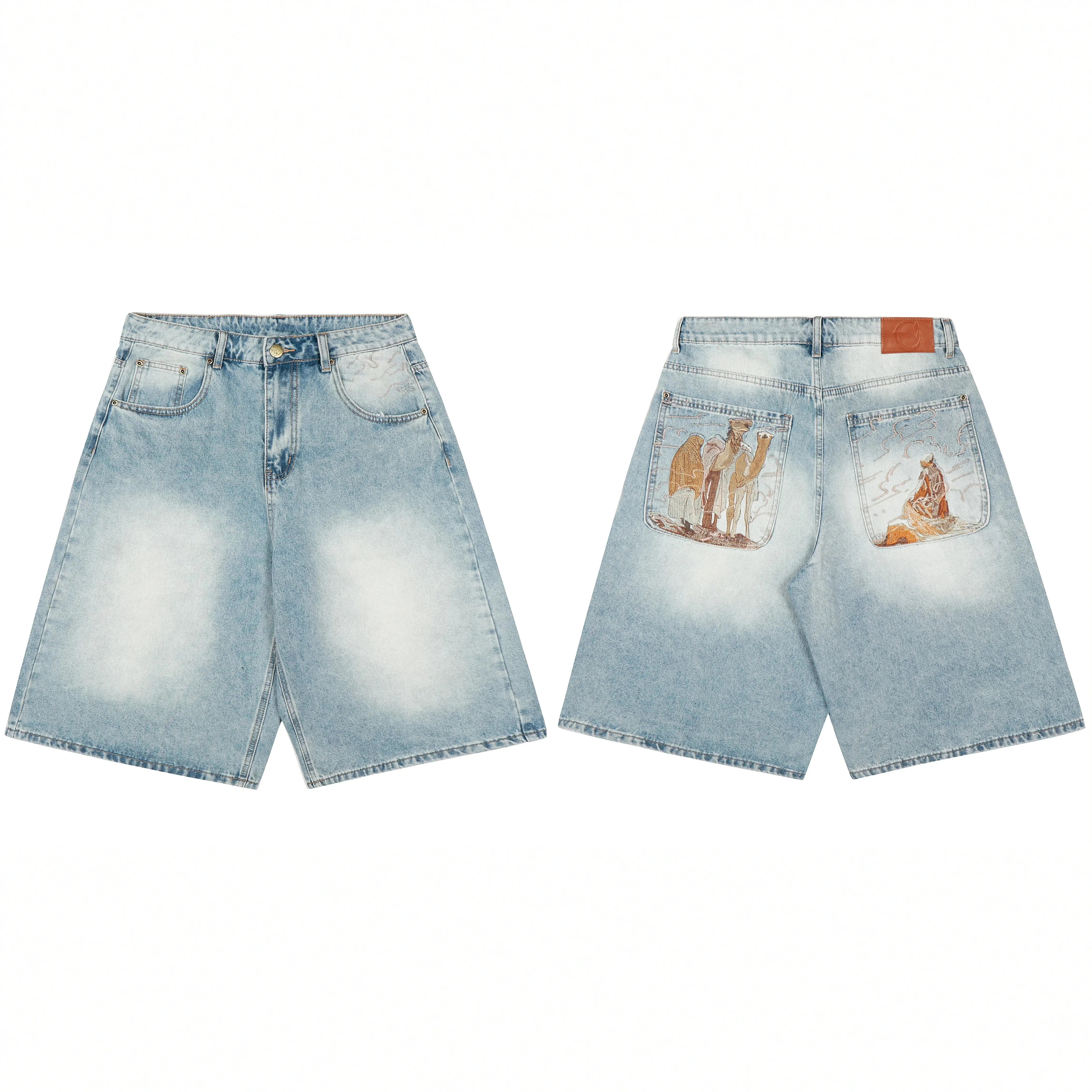 Derschutze Desert Camel Embroidery Denim Shorts - Light Blue Acid Wash