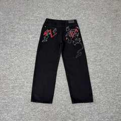 Derschutze Red Line Graphic Embroidery Jeans - Black