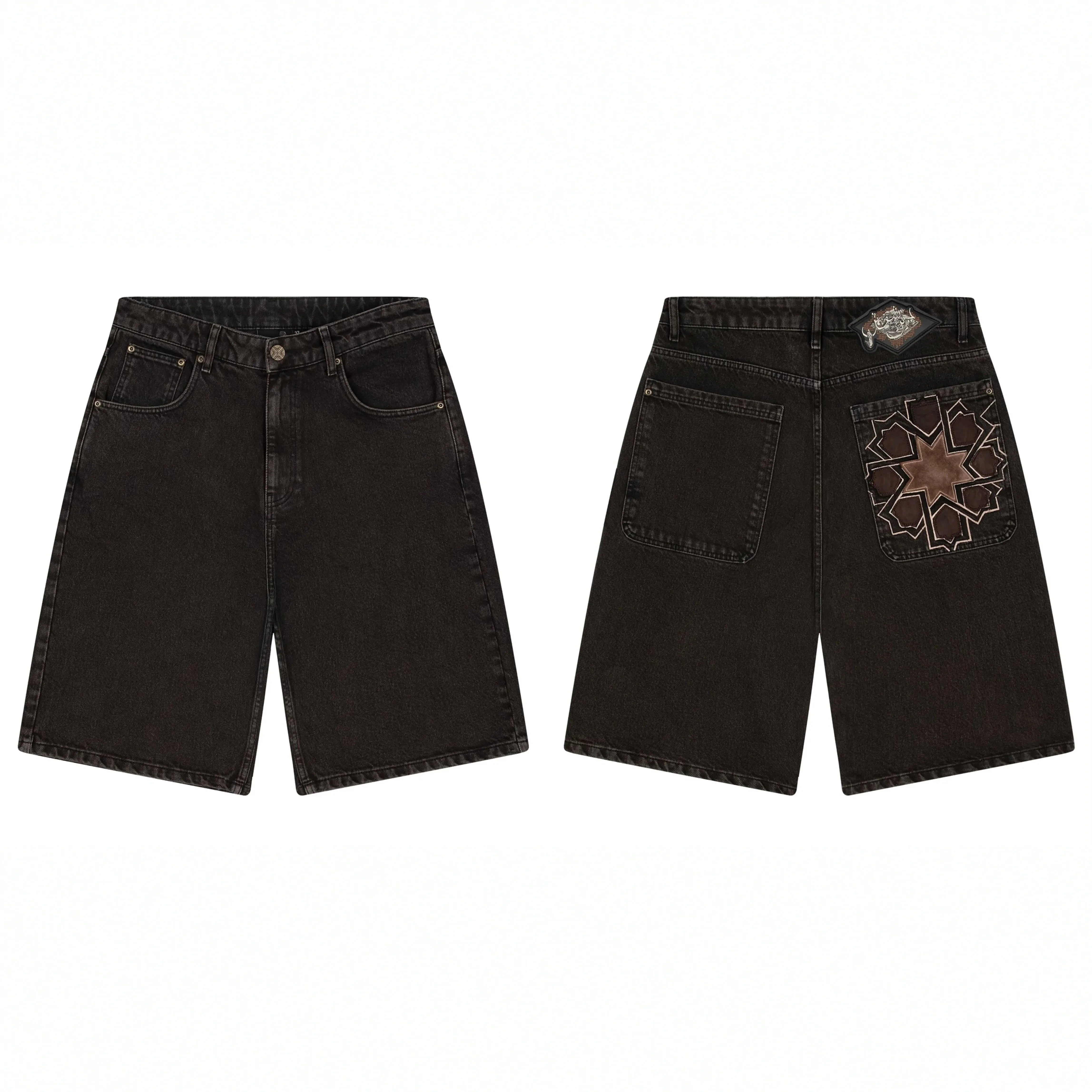 Derschutze Geometric Star Embroidery Denim Shorts - Black