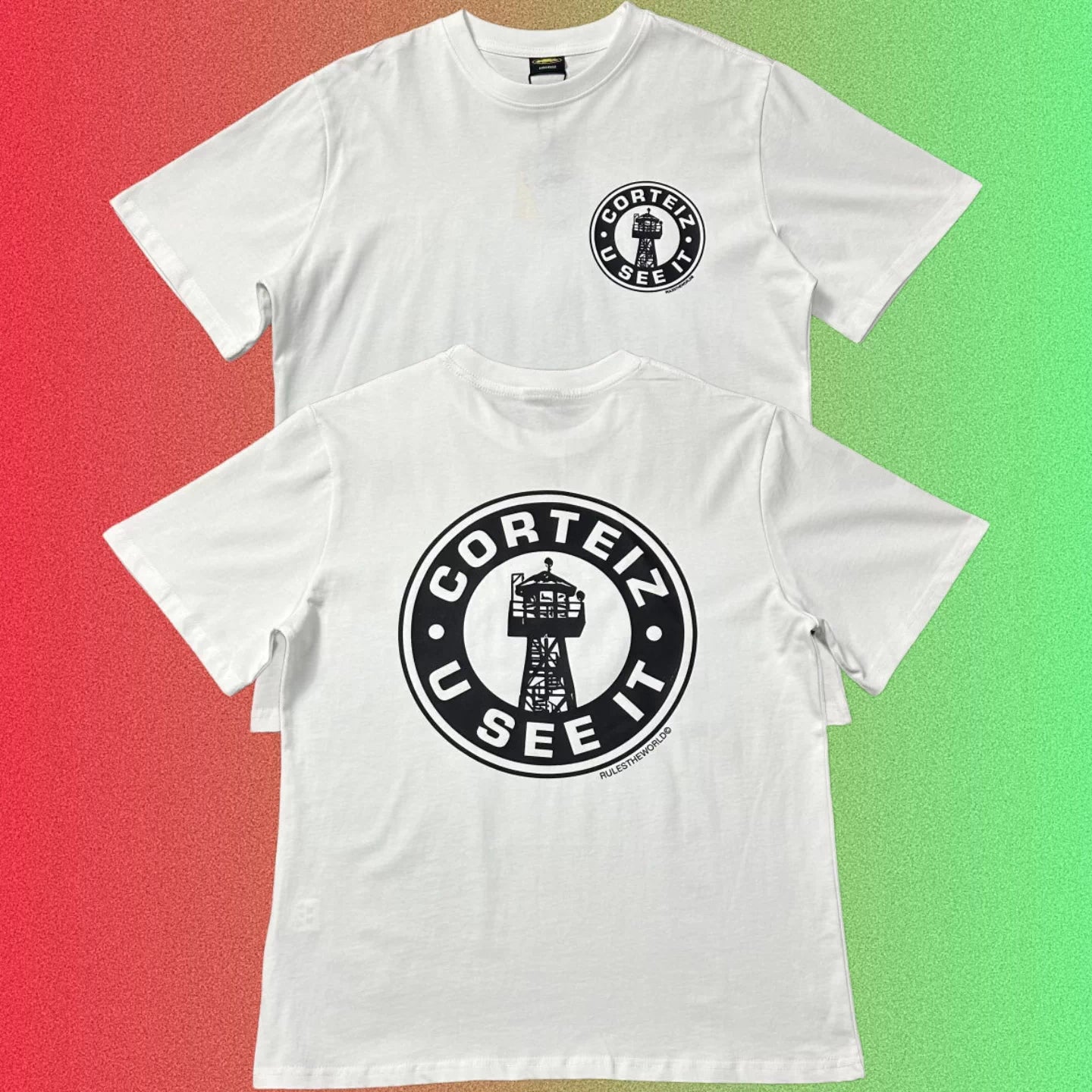 Corteiz U See It Yellow Round Logo Graphic Black T-Shirt (Front & Back Print)