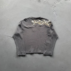 Derschutze Waffle Knit Shoulder Floral Embroidery Long-Sleeve Tee - Charcoal Grey