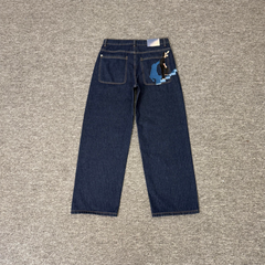Derschutze Pinstripe Artistic Embroidery Straight Jeans - Navy