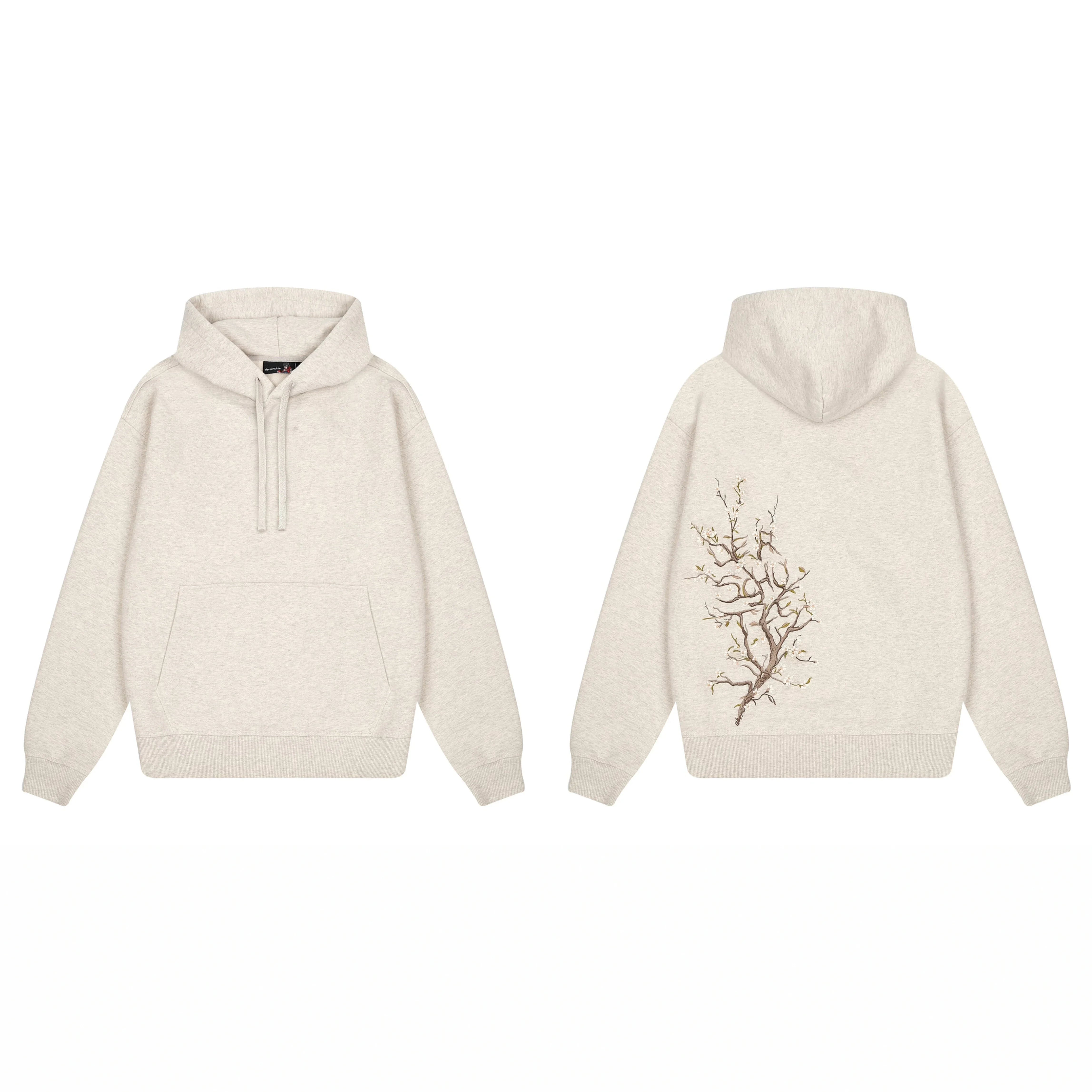 Derschutze Back Cherry Blossom Embroidery Hoodie - Oatmeal Marl