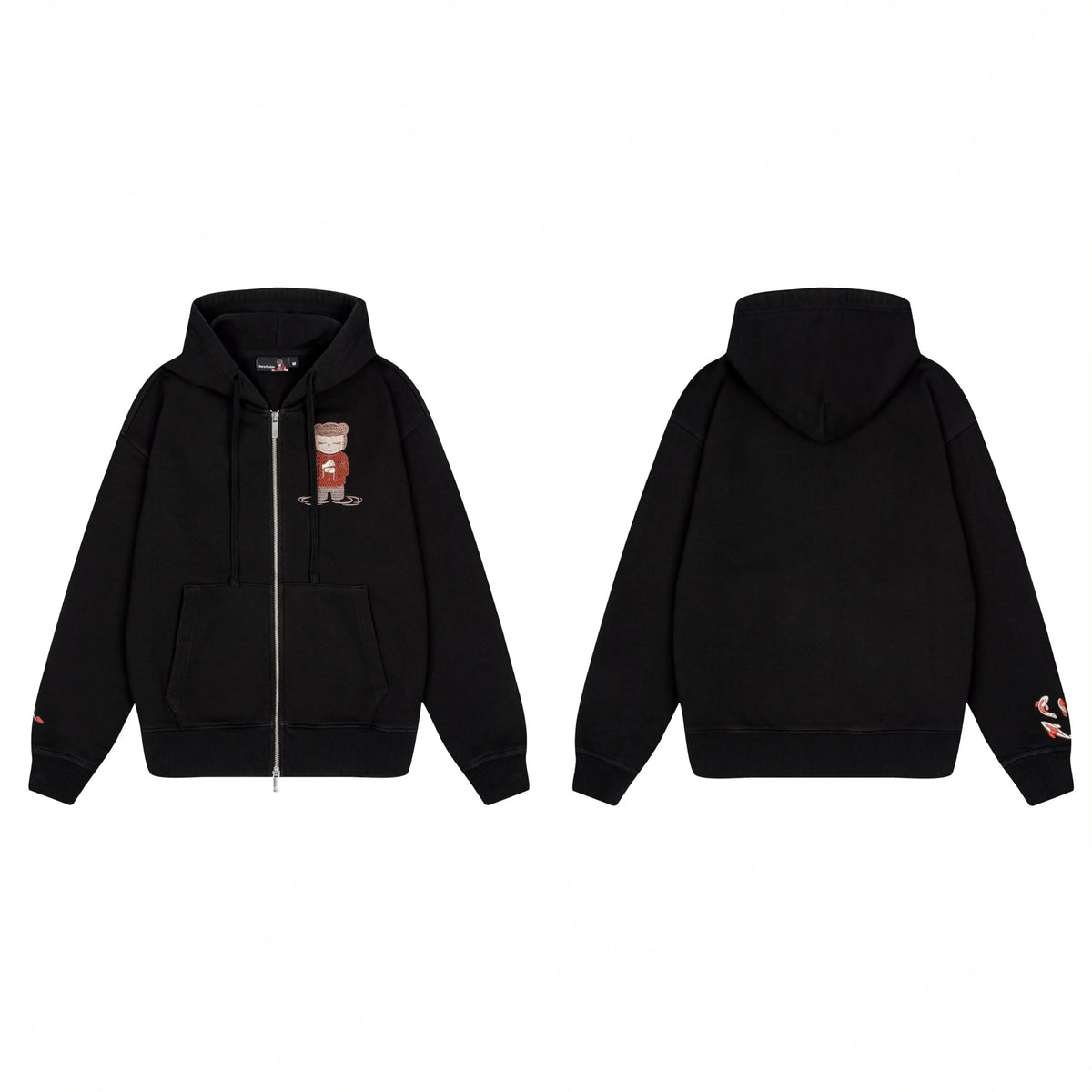 Derschutze Anime Character Embroidery Zip-Up Hoodie - Black