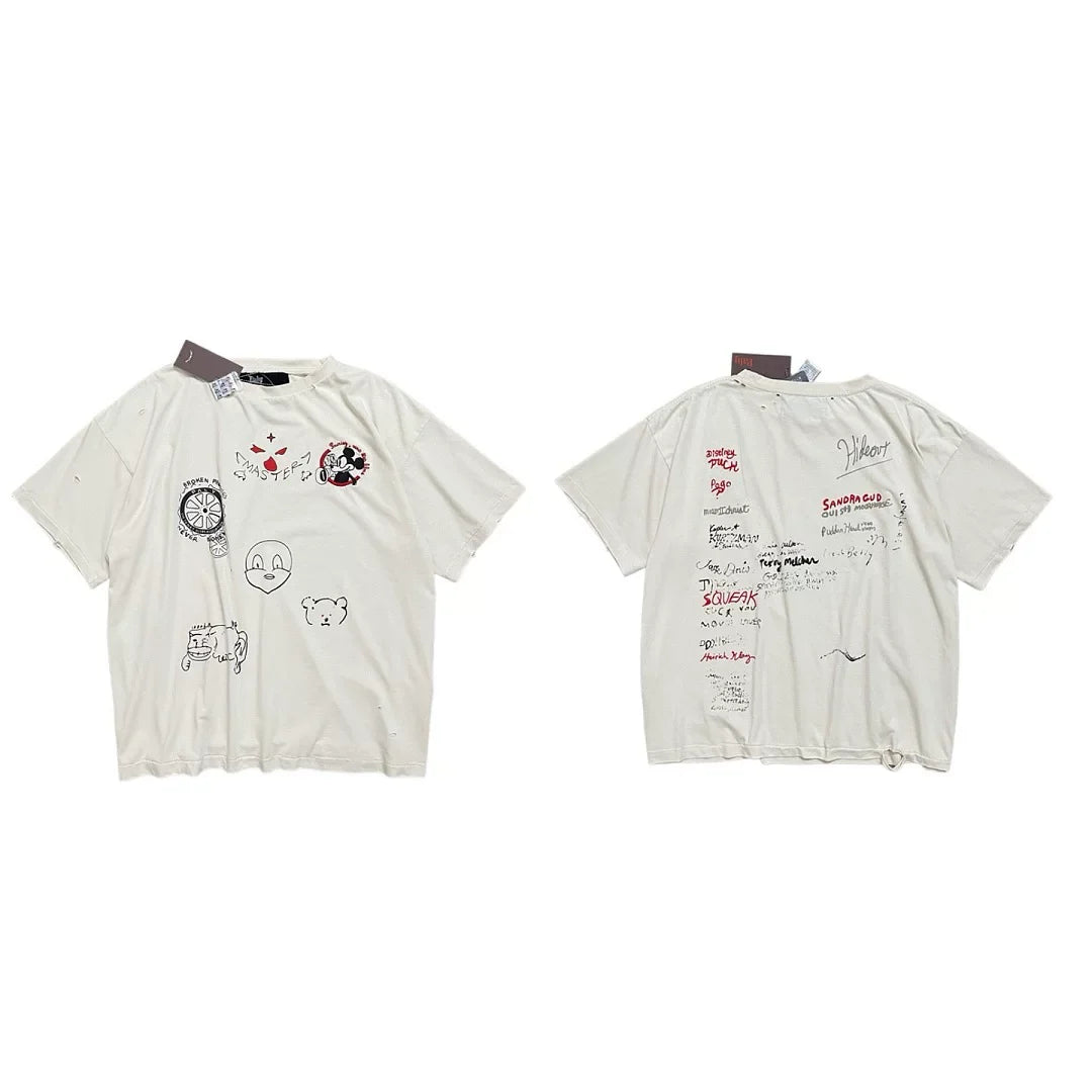 PALY Hollywood Hand-Drawn Doodle & Signature Graphic T-Shirt - Cream