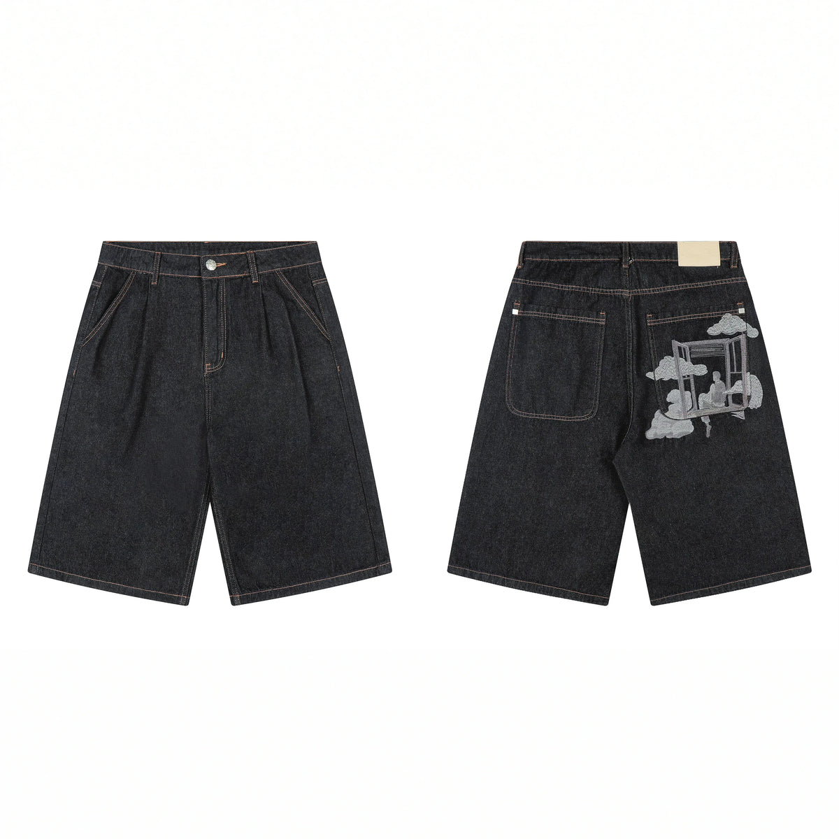 Derschutze Architectural Landscape Embroidery Denim Shorts - Black
