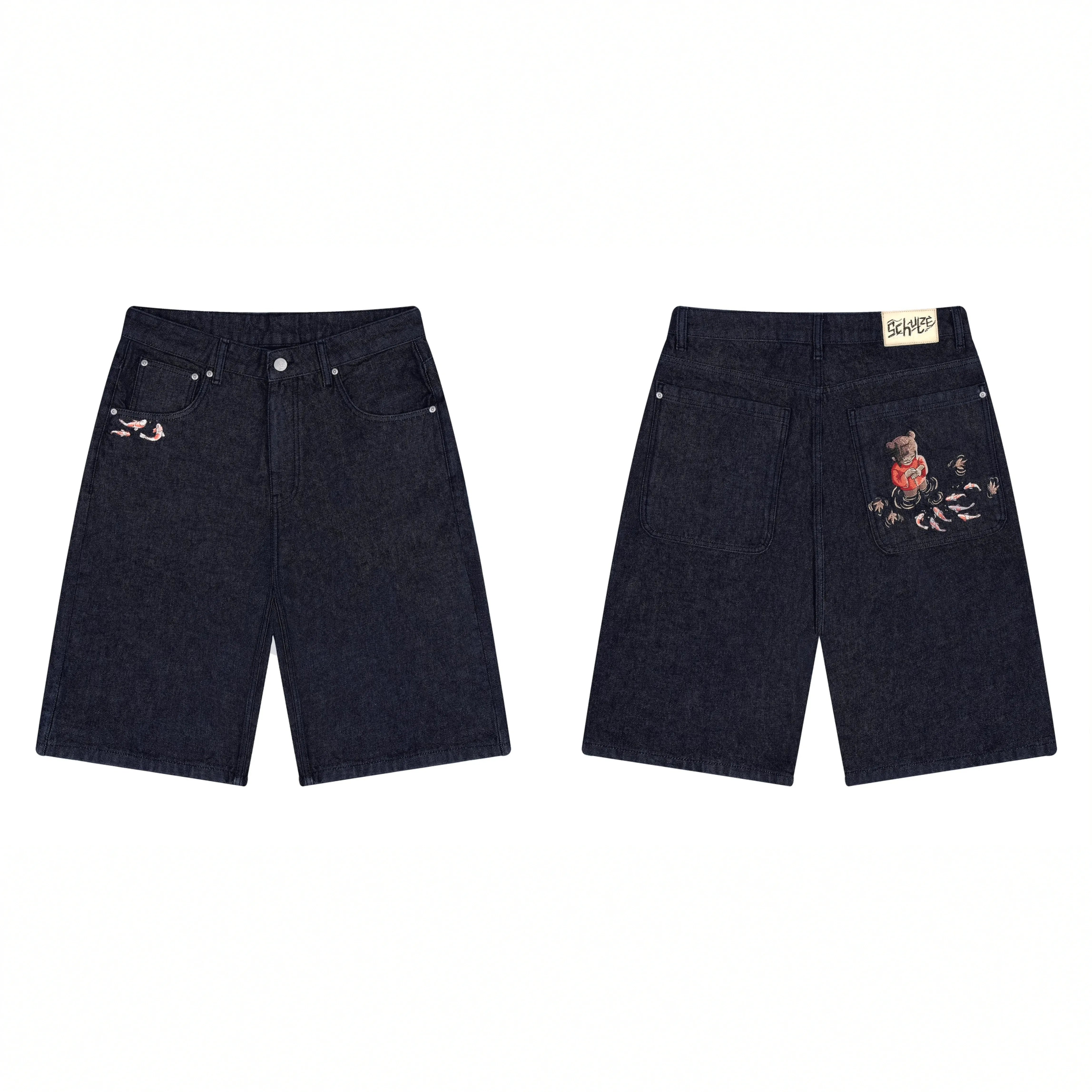 Derschutze Cherry Blossom Embroidery Denim Shorts - Dark Blue