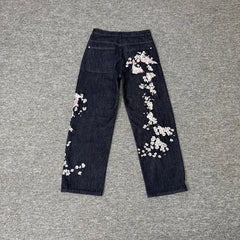 Derschutze Full-Length Cherry Blossom Branch Embroidery Jeans - Dark Blue