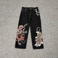 Derschutze Dragon & Tiger Embroidery Straight Jeans - Black