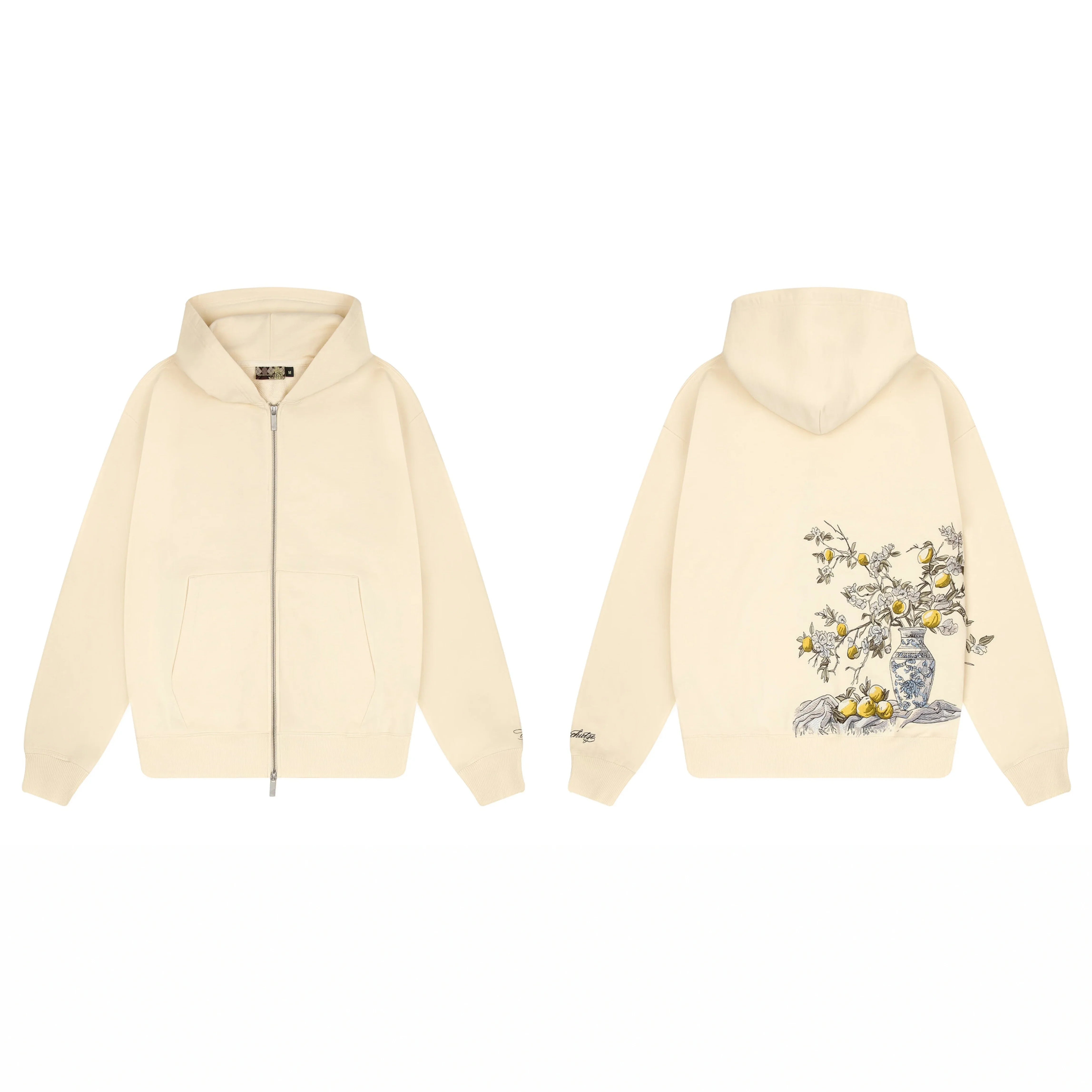 Derschutze Still Life Floral Vase Embroidery Zip-Up Hoodie - Cream
